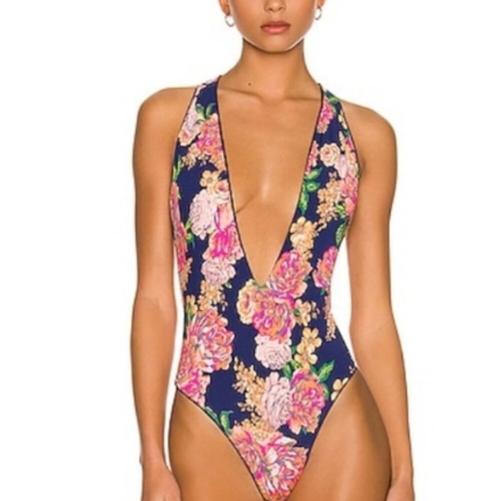 Maaji Size Medium Blue Ribbed Tiki Reversible Cheeky One Piece Swimsuit